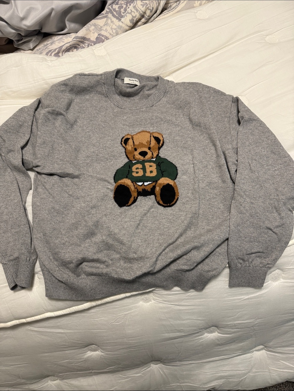 Gray Teddy Bear Intarsia Crewneck Sweater -Sunday Best